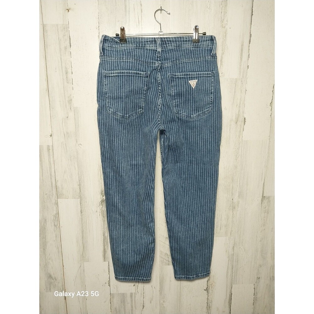 GUESS Women's Lena High Rise Mom Jeans Blue Pinstripe 30x25